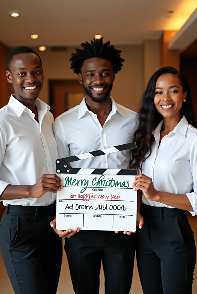 i want to create a picture of 4 black african young staffs working in todays exclusive hotel wearing white shirt and black trous...