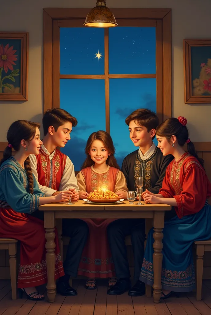 for a break,  family in ukrainian clothes at the table, evening star in the window