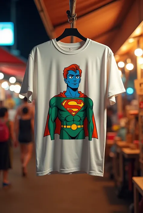 image of thin & cheap quality white tshirt; with basic outline image of simple superman in heroic pose, but the color is cheap &...