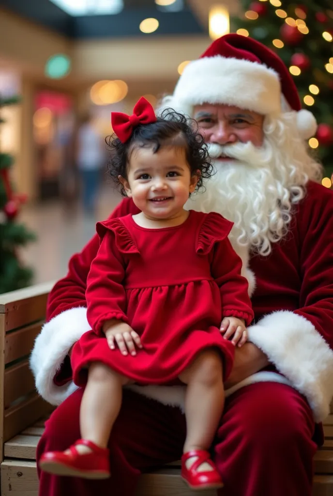 a one-year-old brazilian baby ,  short wavy black hair wearing a red ribbon ,  sitting on santa's lap on a wooden bench in a spa...