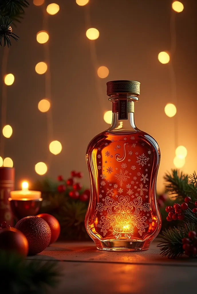 christmas whiskey bottle,  christmas background, christmas lights, unlabeled