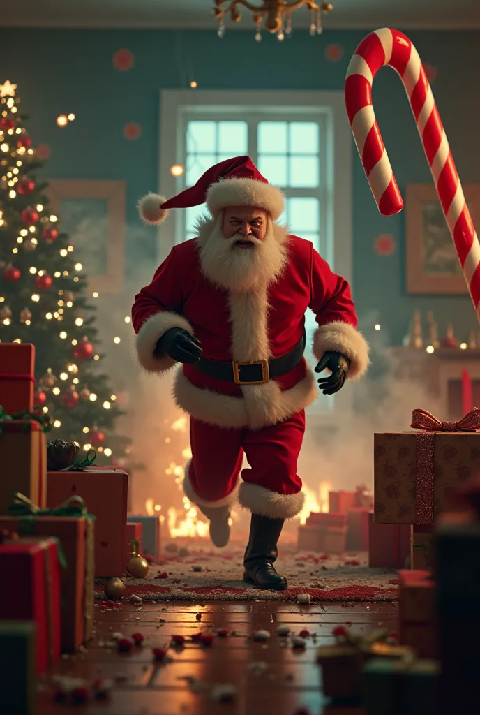 (photorealism:1.2), with scared expression run , dynamic scene,scared s run,evil santa claus destroy christmas gift with christm...