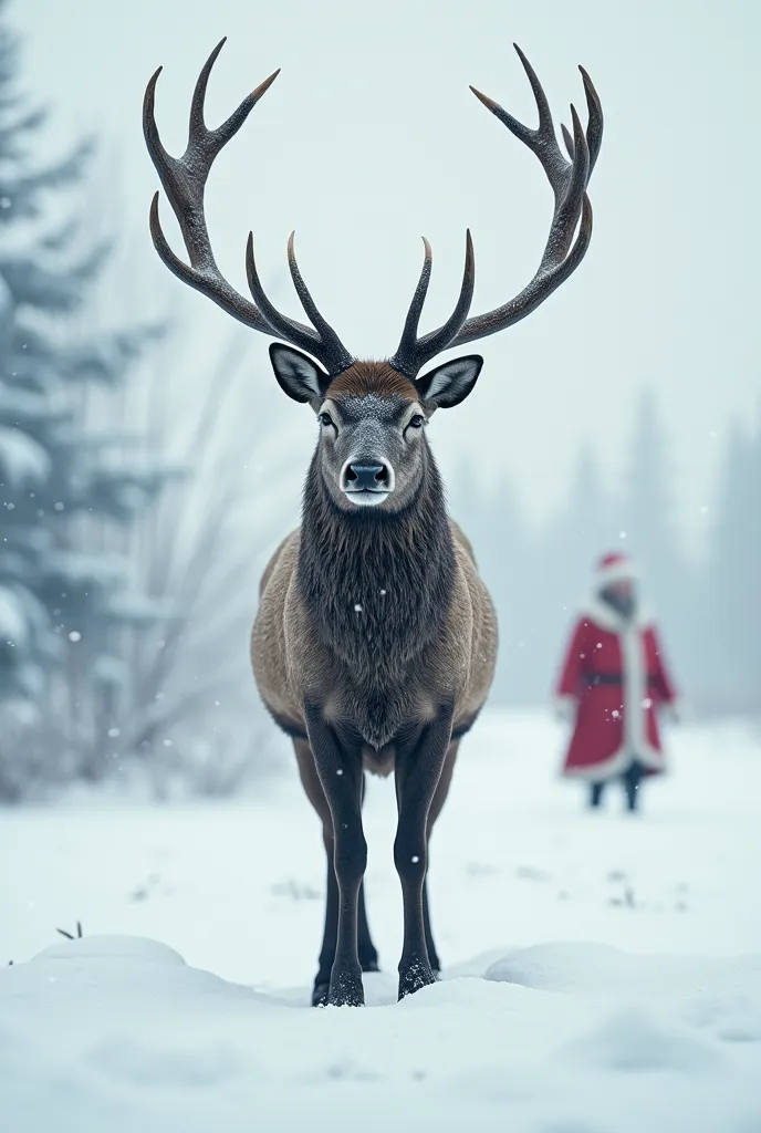 in the snow stands a big deer with big antlers and in the distance on a white background saint nicholas