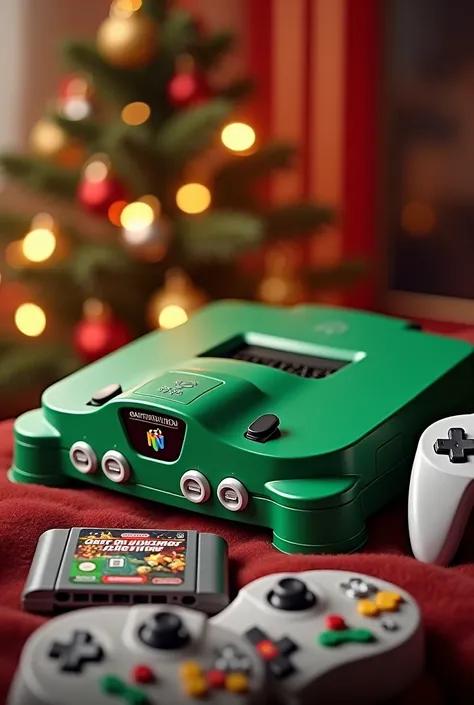 nintendo 64 console with green and white colors and two controllers and game cartridge that reads geeks and gamers christmas