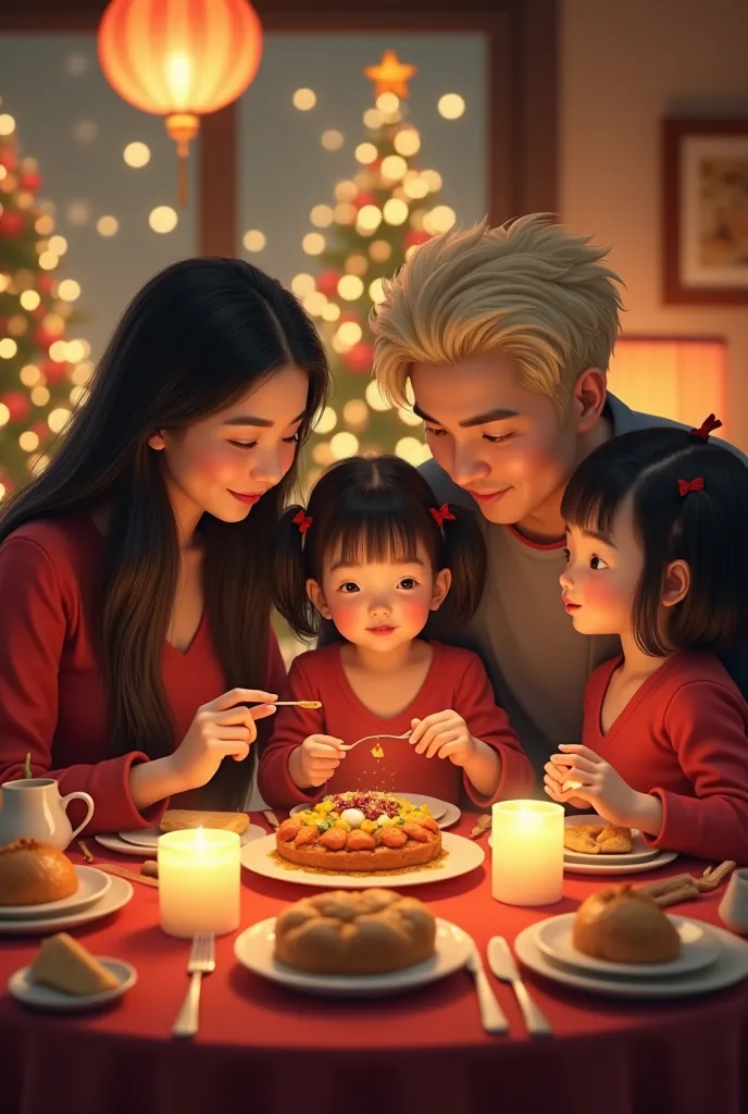 i need an image of an asian family having dinner for christmas,  the mother with long black hair and the father with dyed blonde...