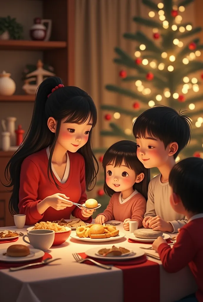 i need an image of an asian family having dinner for christmas,  the mother with long black hair and the father with dyed blonde...