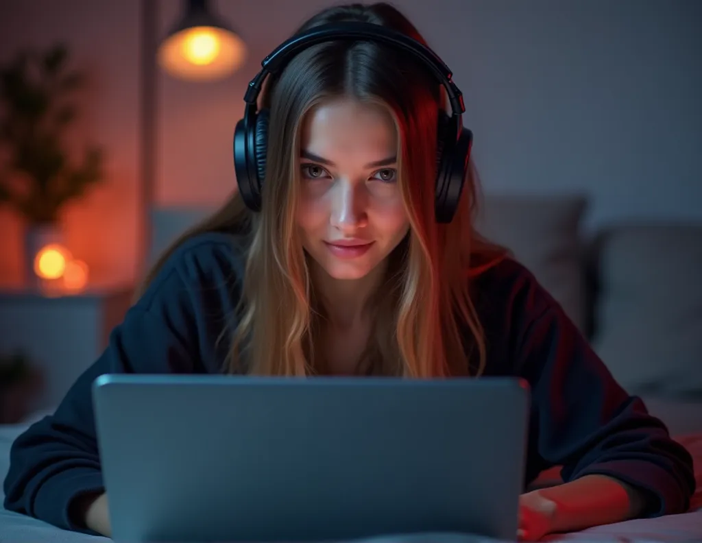 create a streamer with a person's face behind a laptop wearing headphones1 девочка,  high definition,  long hair,  looks at view...