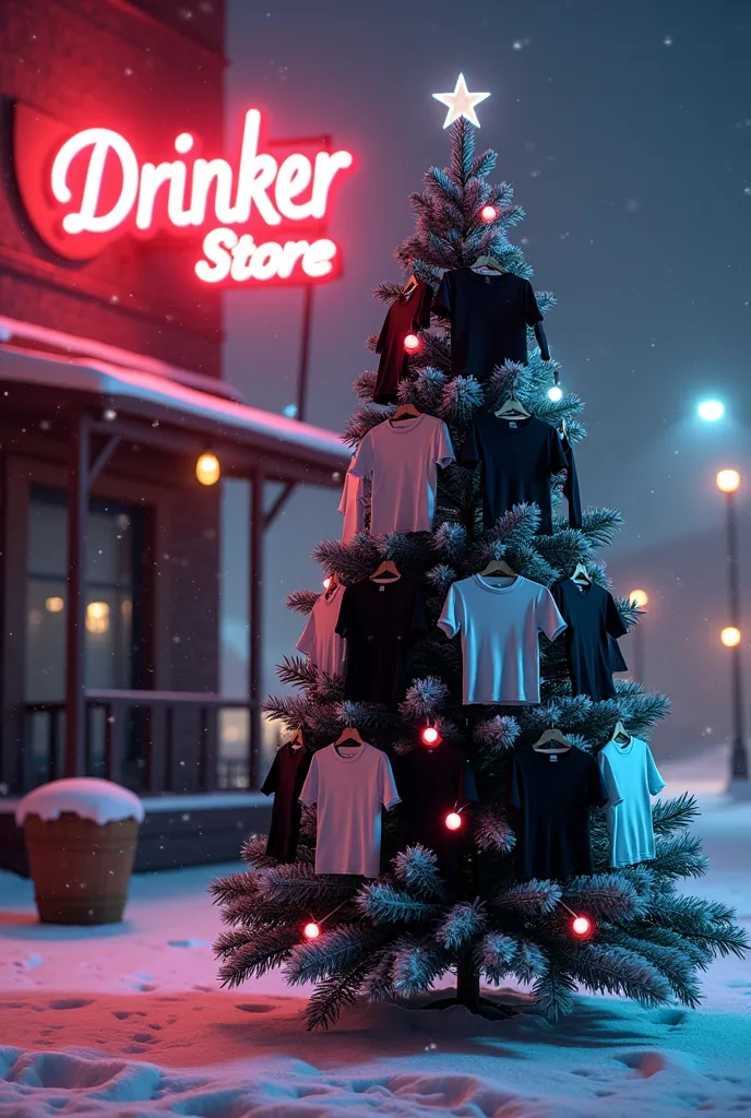 create a christmas tree with unprinted black and white t-shirts hanging on the tree and a neon sign "drinker store" na neve