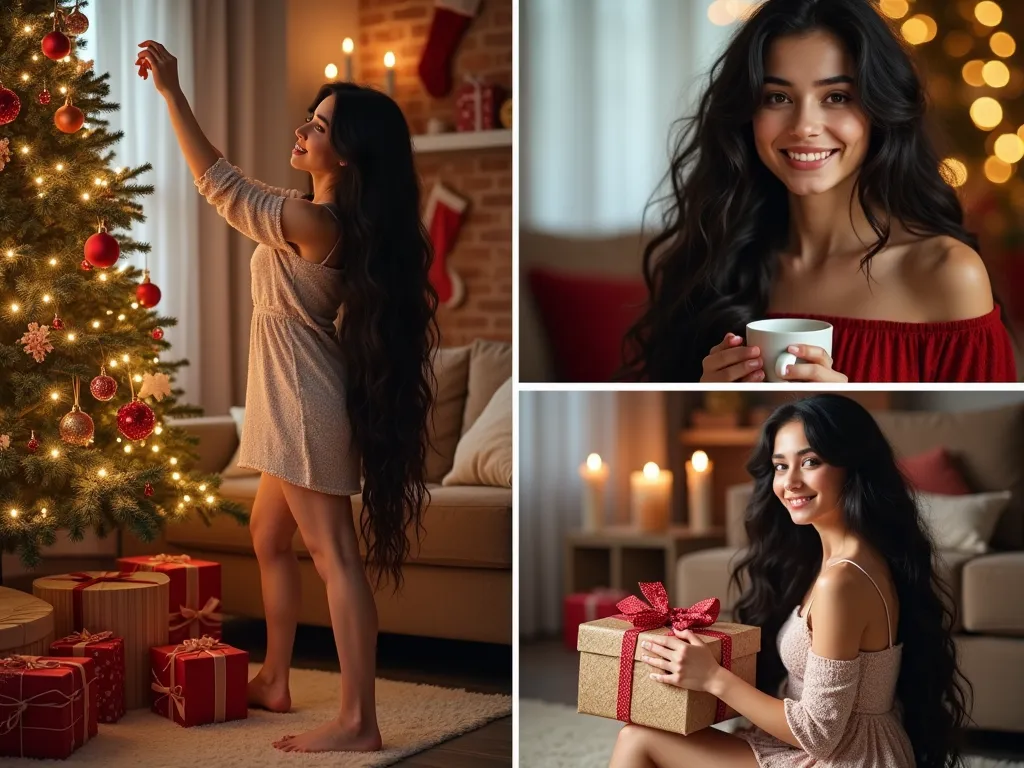 create a collage of four images featuring a young woman with fair skin and extremely long, dark, wavy hair. she exudes festive c...