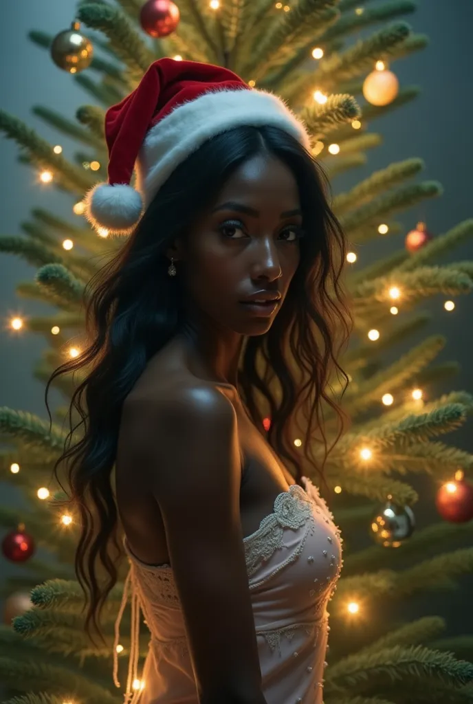 make a dark-skinned woman a little light and naked,  skinny woman with christmas cap and christmas tree in the background.