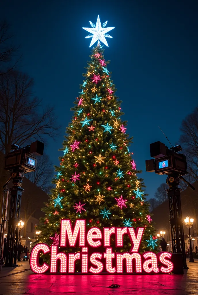 a large christmas tree adorned with television production elements and a large merry christmas message located at the foot of th...