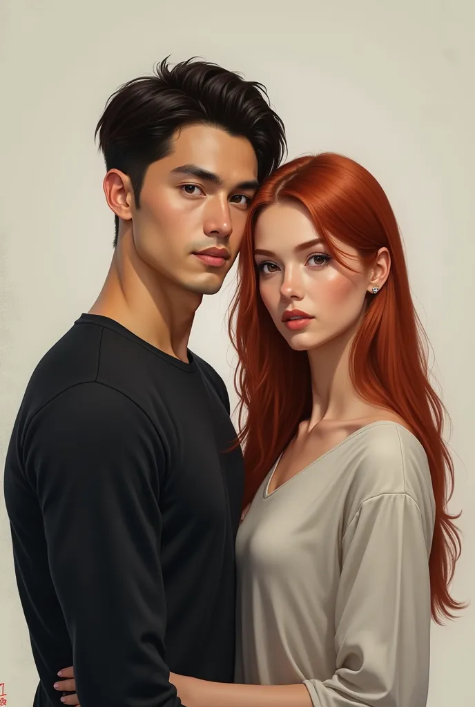 make an image of a couple, the man with the short hair and the woman with straight and red hair looking forward