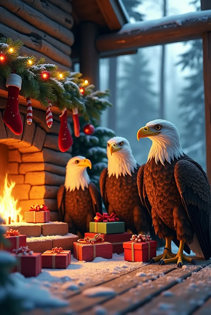 a family of eagles spending christmas in their log house, while they open presents .