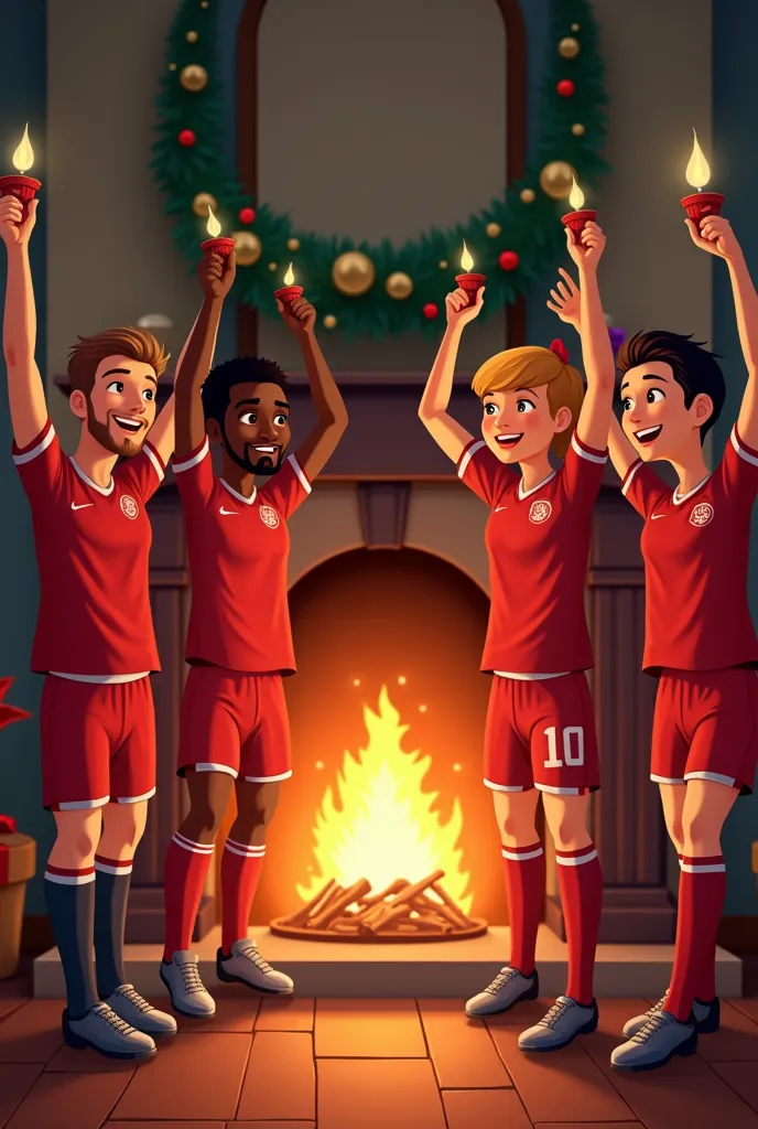 make soccer team players in red uniforms celebrating christmas on a fireplace,  in the middle of them there are white players , ...