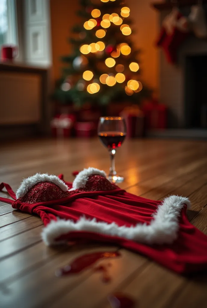 santa-inspired lingerie tossed onto a hardwood floor next to a spilled glass of wine, delicate lace details glinting softly, tim...