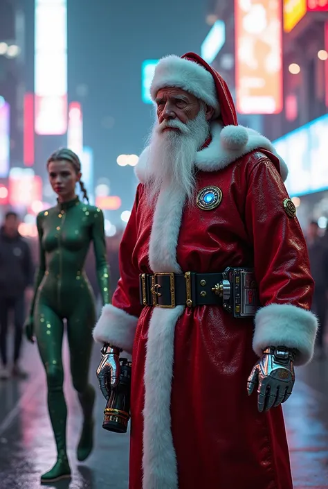 " santa claus reimagined in a futuristic world walks among neon skyscrapers ,  accompanied by a technologically advanced elf .  ...