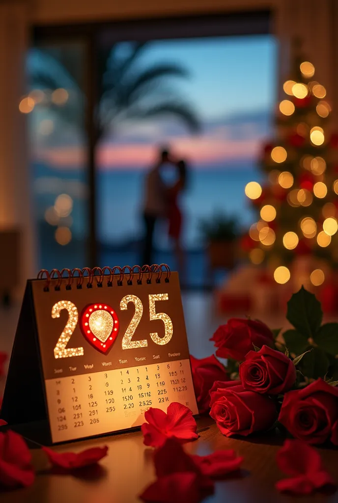 a calendar that says 2025 with a photo of a couple kissing, on the side a calendar you can see the month of january with the num...