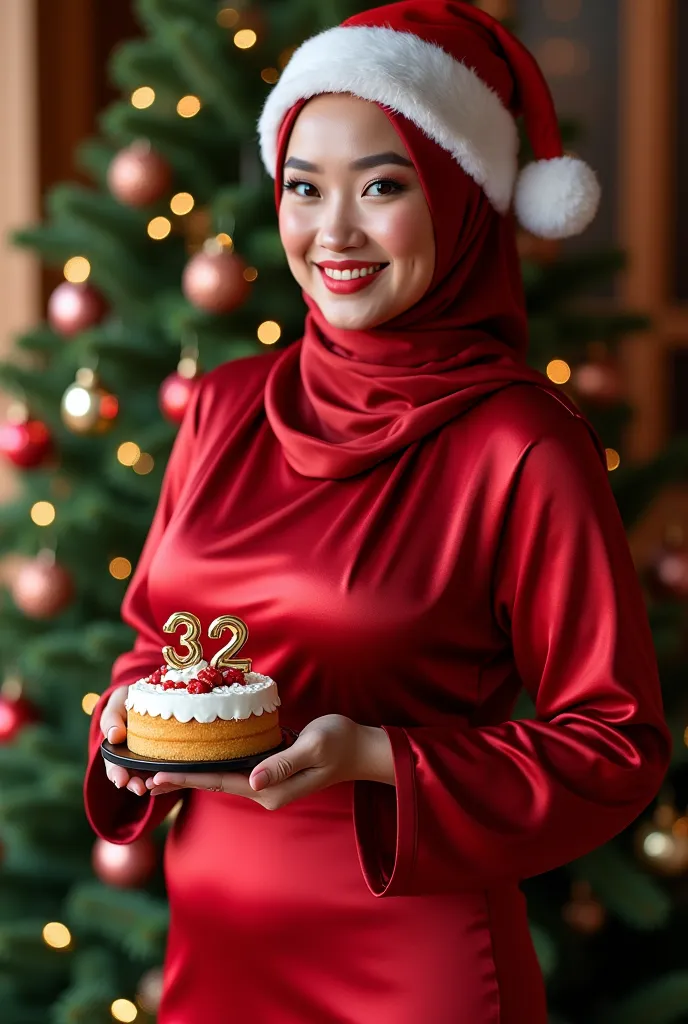 one asian women wearing santa hat, big breast, little bit chubby, shinny silk red hijab, silk pencil red dress, stand in front o...