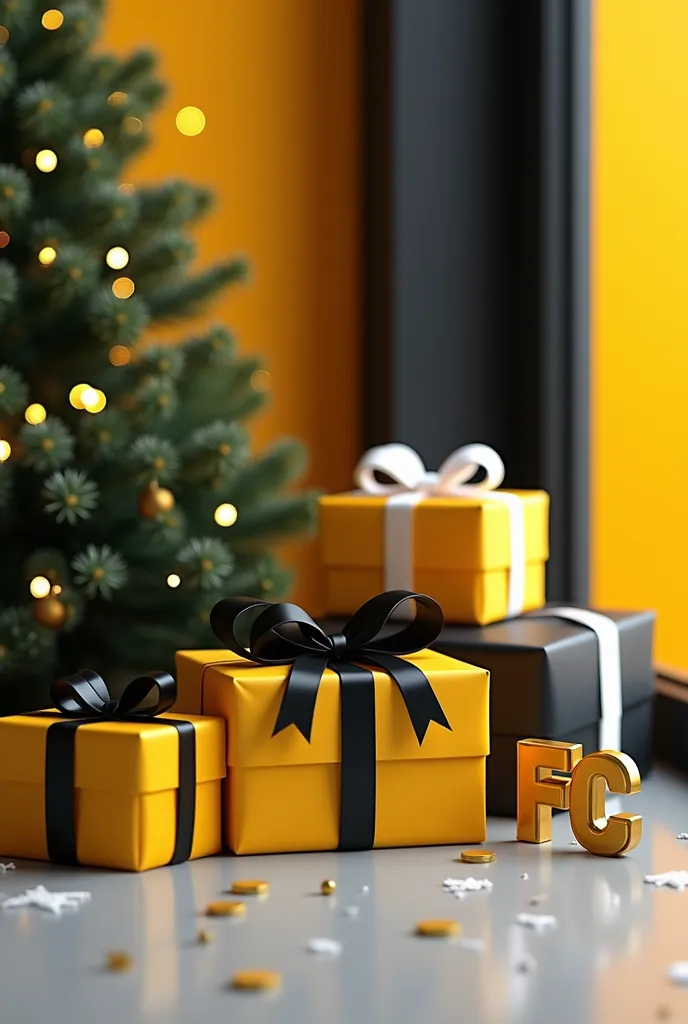 christmas image with gifts and colors black, yellow and white that says los primos fc