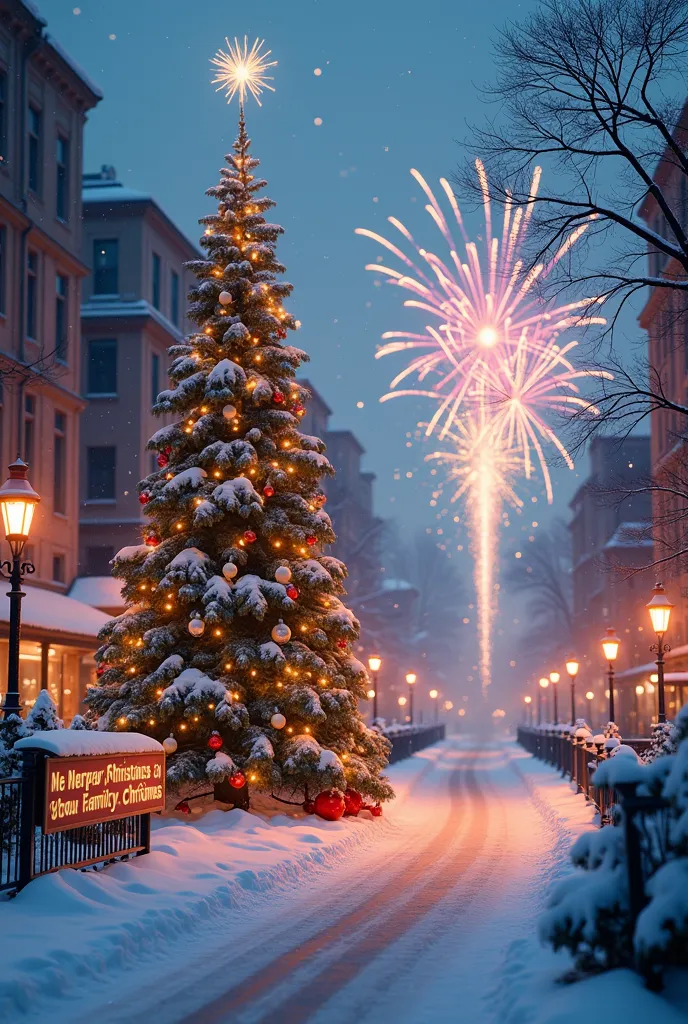 create a video of a snow-covered city, with a christmas tree , with fireworks coming out of the ground ,  and a sign on the side...