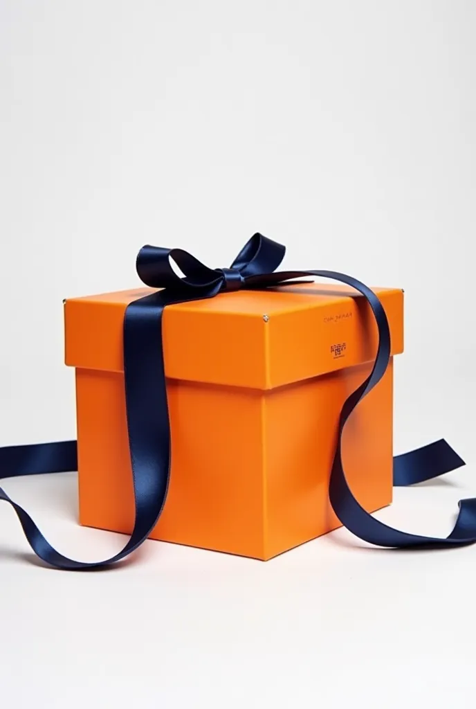 create an orange hermés gift box on a white background, with dark blue ribbon around