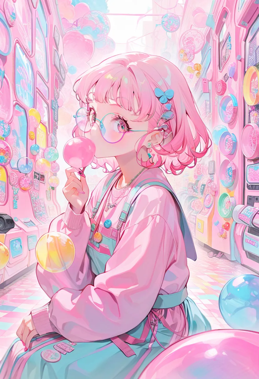 one girl ,  eat bubble gum,  pink hair, short bob, wavy hair , round glasses, retro outfits ,  sneakers, sideways glance,  sitti...