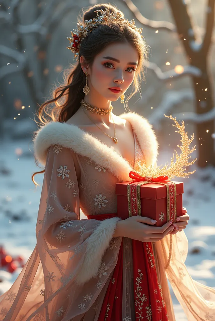 beautiful woman wearing long sleeves christmas and holding gift with dragon animation