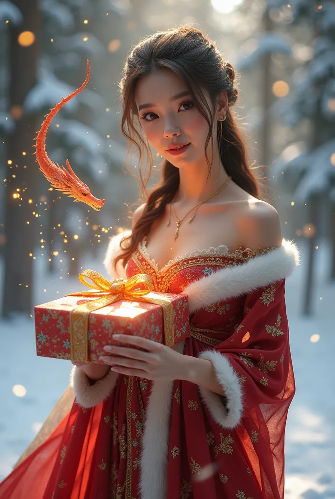 beautiful woman wearing long sleeves christmas and holding gift with dragon animation