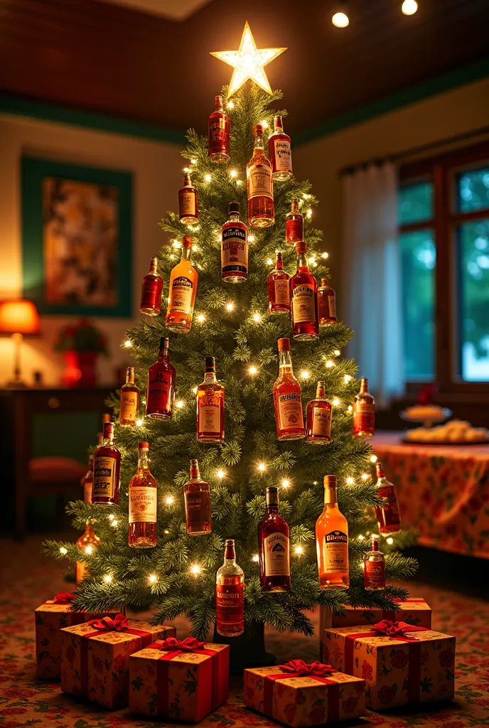 "christmas tree uniquely decorated with small and large bottles of famous liquors from the dominican republic, such as brugal, b...