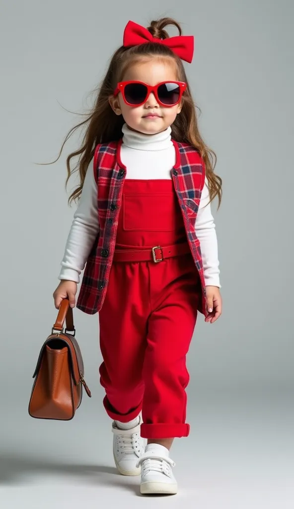 a stylish toddler girl confidently walking, dressed in a trendy red jumpsuit with a white turtleneck and a plaid sleeveless jack...