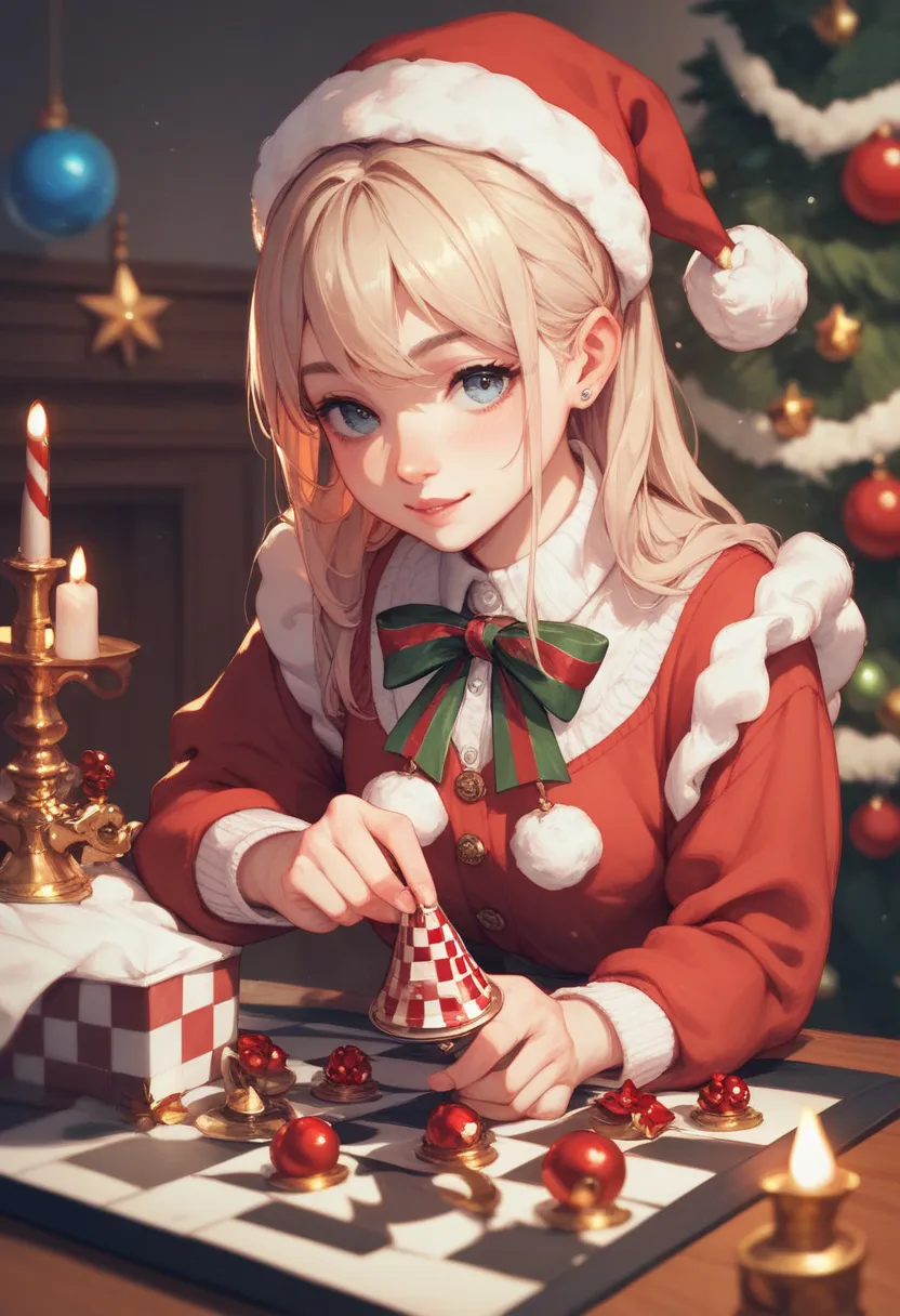 young woman holding a christmas chessboard