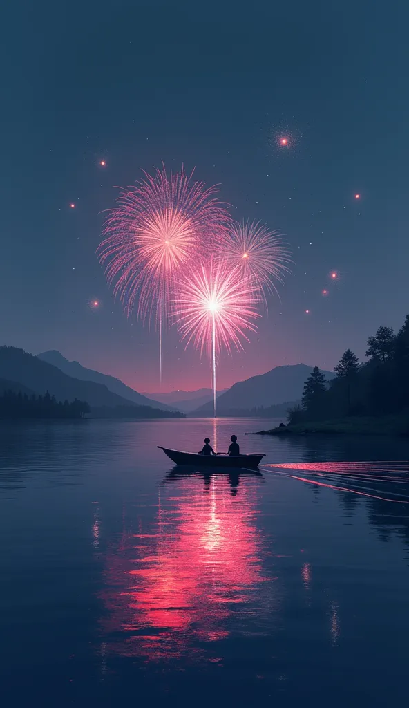 a small boat on a calm river with distant fireworks lighting up the horizon, minimalist style, dark and vibrant tones, reflectiv...