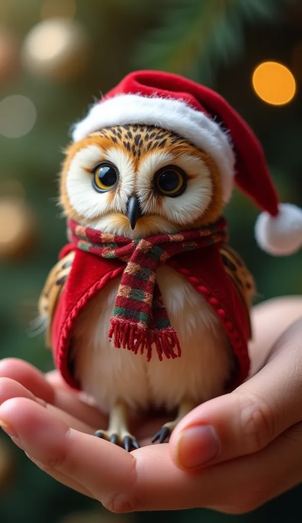 a mini owl with christmas clothes and santa claus , sitting on the palm of one hand   , realistic , 8k , cinematic