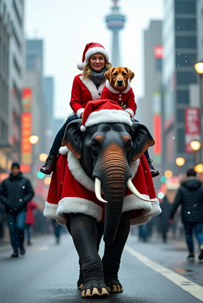 woman in a santa claus costume and an orange dog in a santa claus costume sit on the back of a labrador retriever in a santa cla...