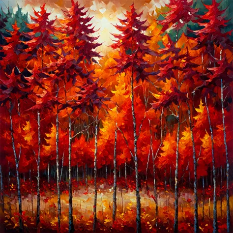 autumnal forest with red leaves, lush forest with vibrant red trees, burning forest with red trees, beautiful autumn landscape w...