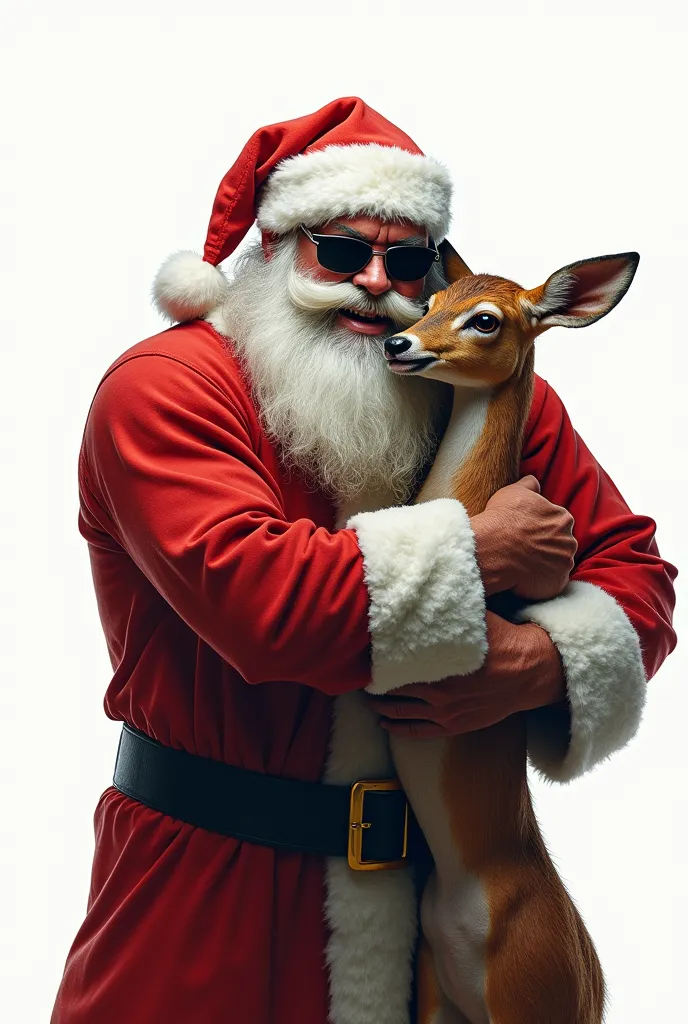 brutal santa claus in sunglasses hugs a cheerful deer.  white background.  the picture does not go beyond the frame.