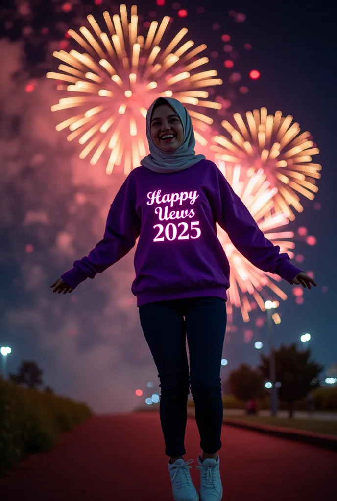 a malay woman wearing a hijab wearing white sneaker wearing a purple sweetshirt with the glowing text "happy news years 2025" in...