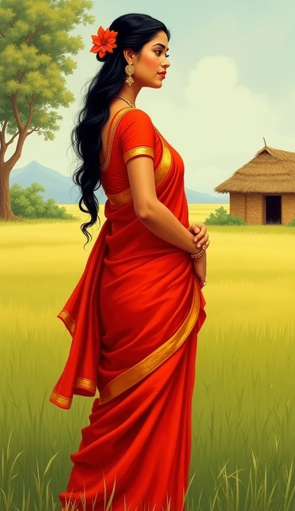 a young woman, likely south asian, is depicted in a vibrant red sari.  she is standing in a field, posing in a three-quarter vie...