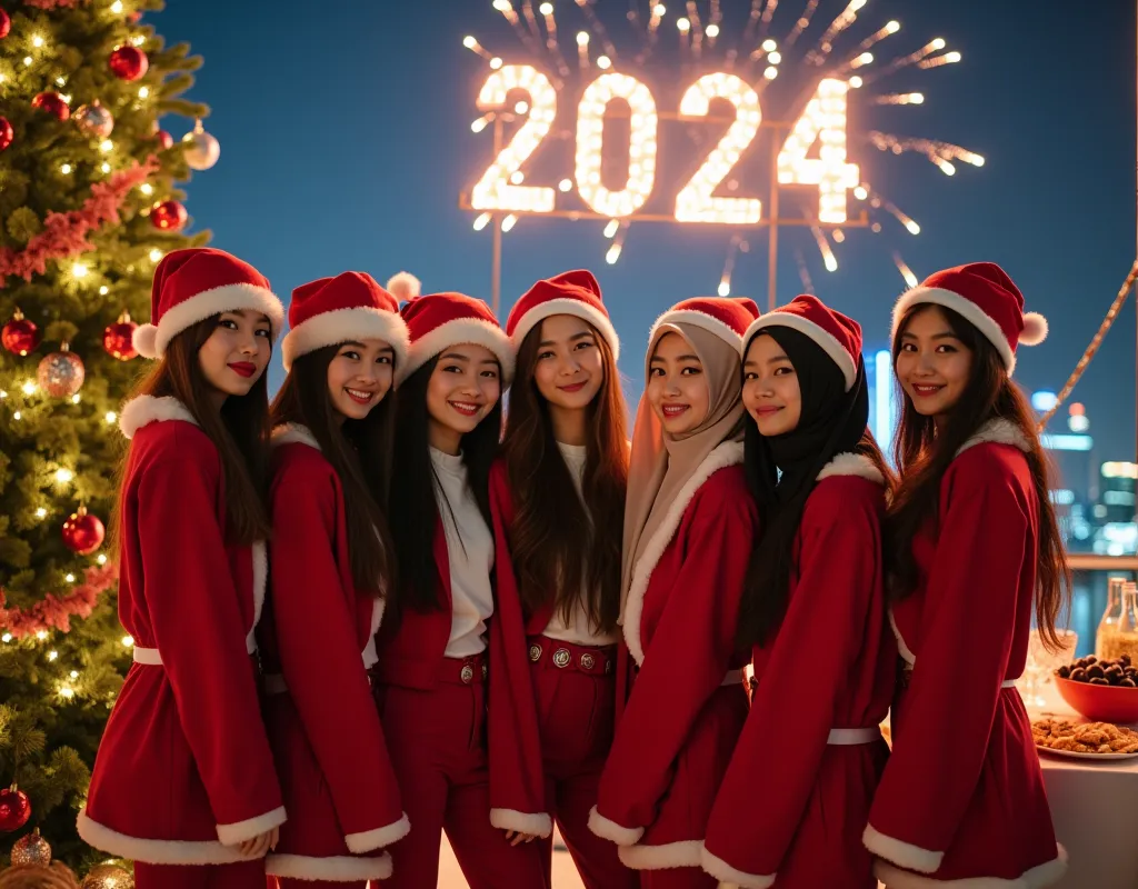 5 beautiful young korean women with long hair and 3 young muslim women in hijab asian race,  photographed together wearing santa...