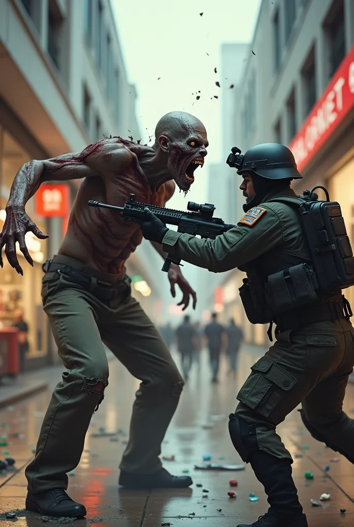 create a realistic picture of dangerous zombie man attack on army commando and army man is firing in city public mall