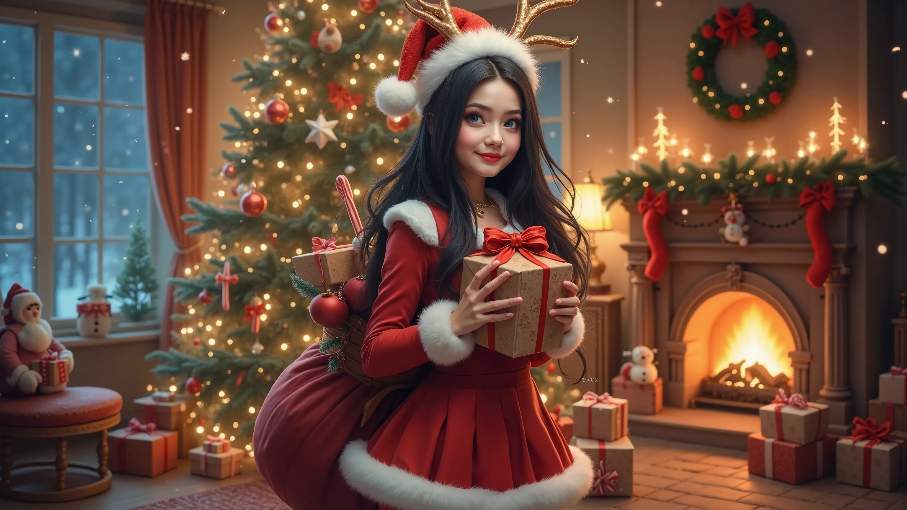 create a festive and playful christmas scene set indoors, featuring a young woman dressed in a whimsical santa-inspired costume....