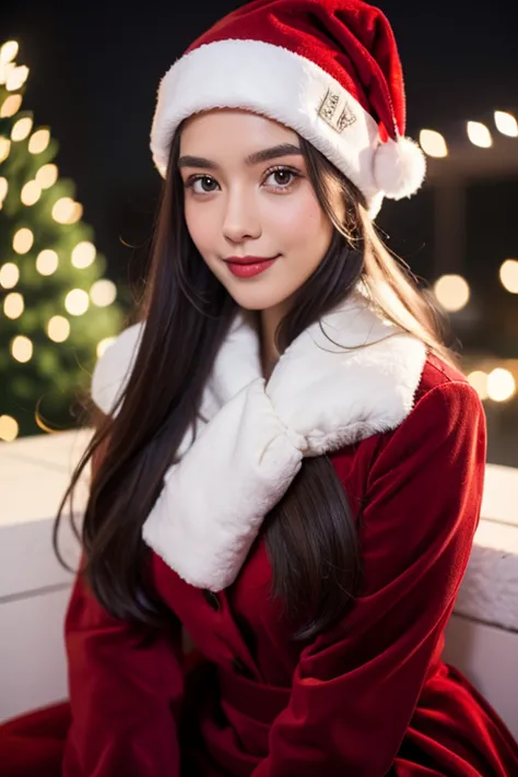 beautiful girl looking at the viewer ,christmas festival,, put on a red christmas-red velvet dress, decorated with white fur tri...