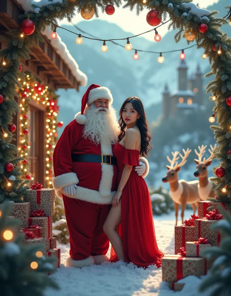 portrait, a beautiful korean beauty and a santa clause , she is 23 year old, she is standing near her house,(she has big breast,...