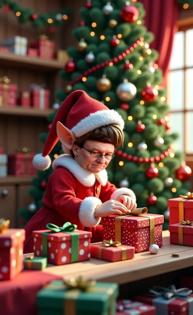 hyper realistic image, very detailed, warm atmosphere, santa's helper elf with pointed ears, preparing gifts boxes in santa's ho...