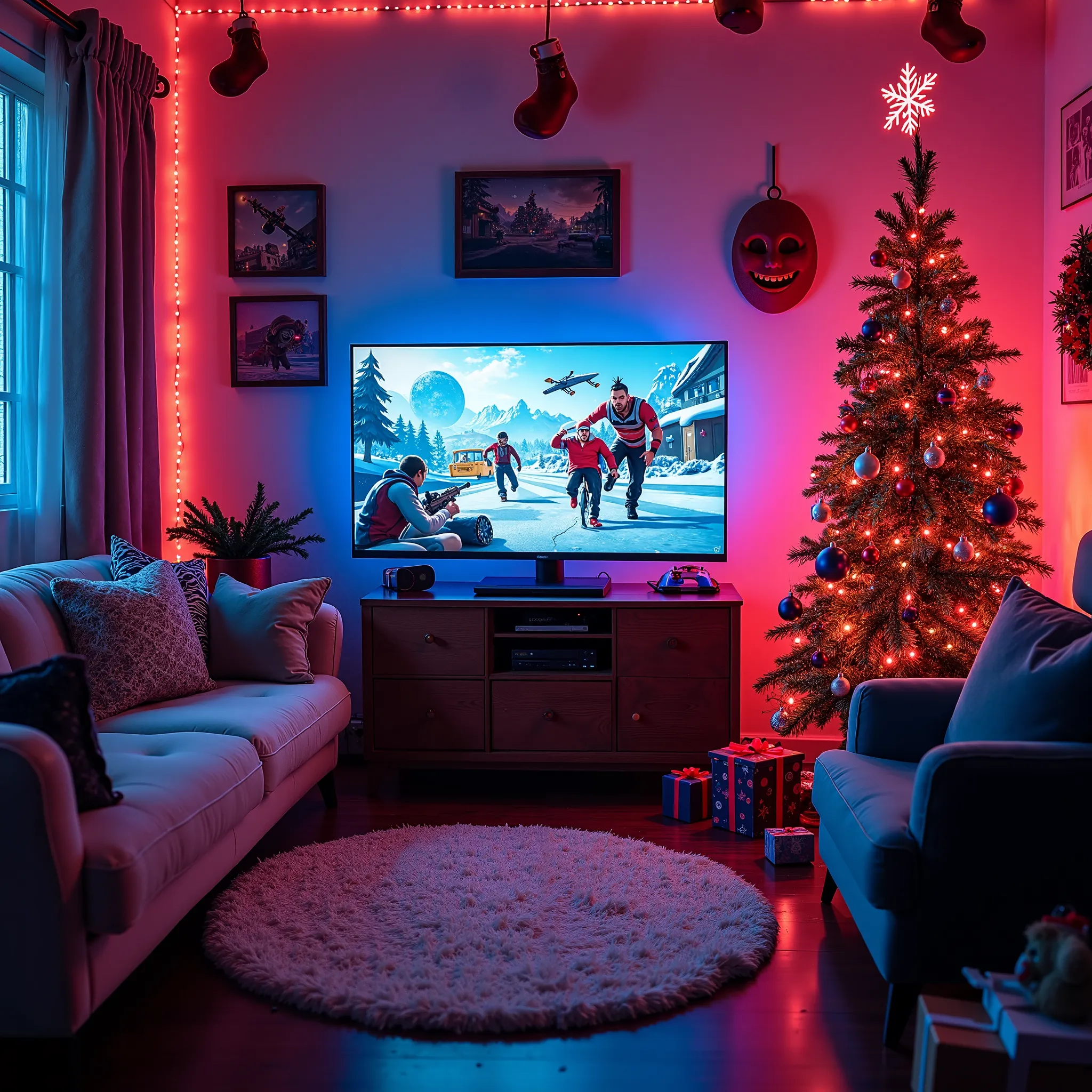 a christmas-themed game setup ,  inspired by gta online and fortnite .  the environment must include a vibrant games room decora...