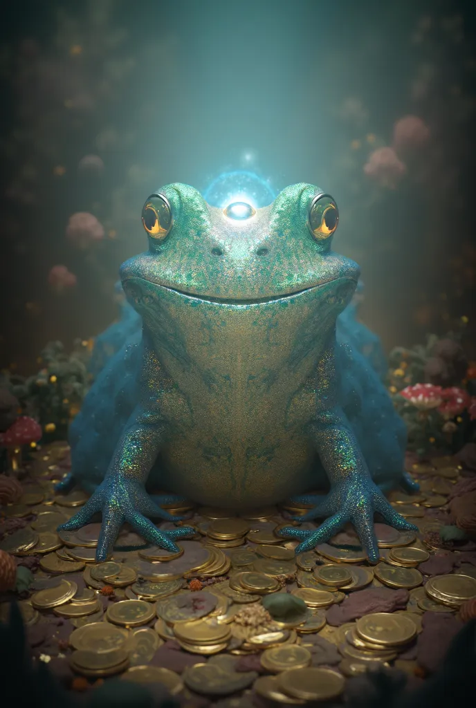 celestial frog with a third eye with coins and mushrooms around it