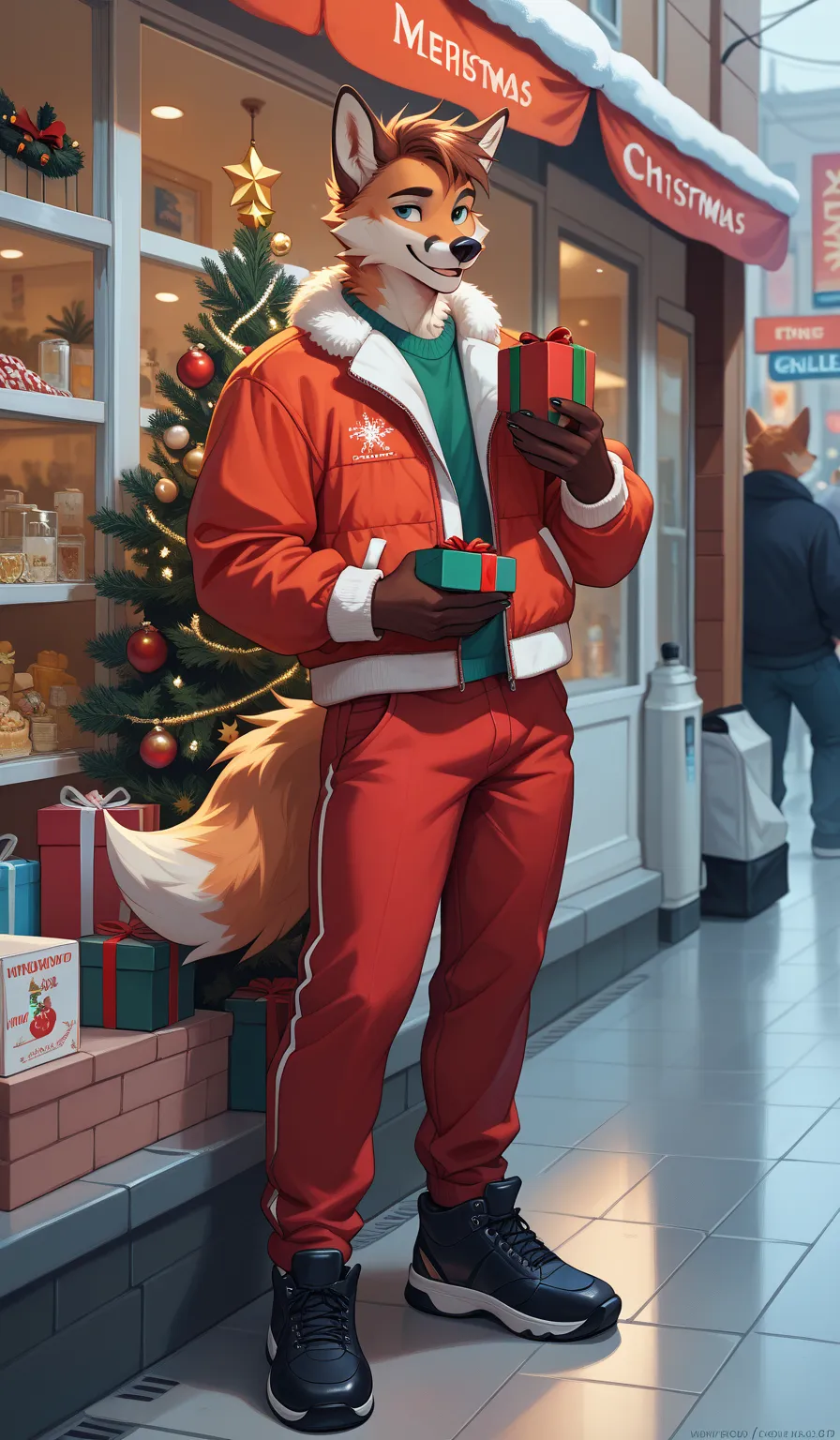 anthro, solo, furry, male wolf and female fox, in pavement, public, clothed, christmas, male wolf give gift box to female fox