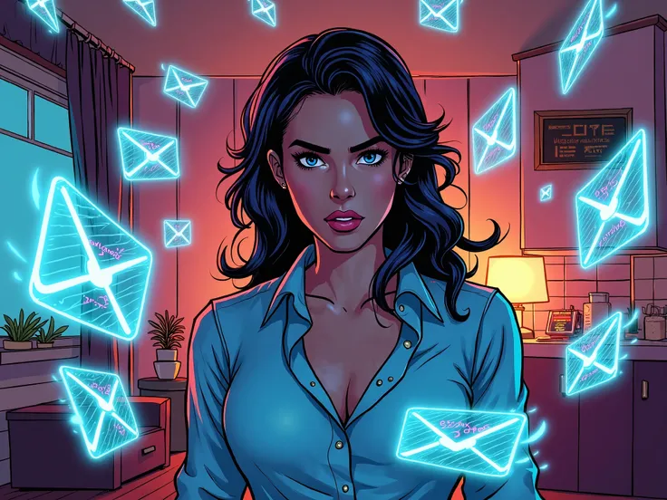 comic book art woman at home surrounded by glowing notifications saying "leads captured." with floating glowing emails