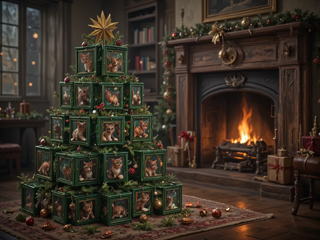 a cozy room with a fireplace in the background. a christmas tree made of 21 green antique wooden square boxes is in the foregrou...