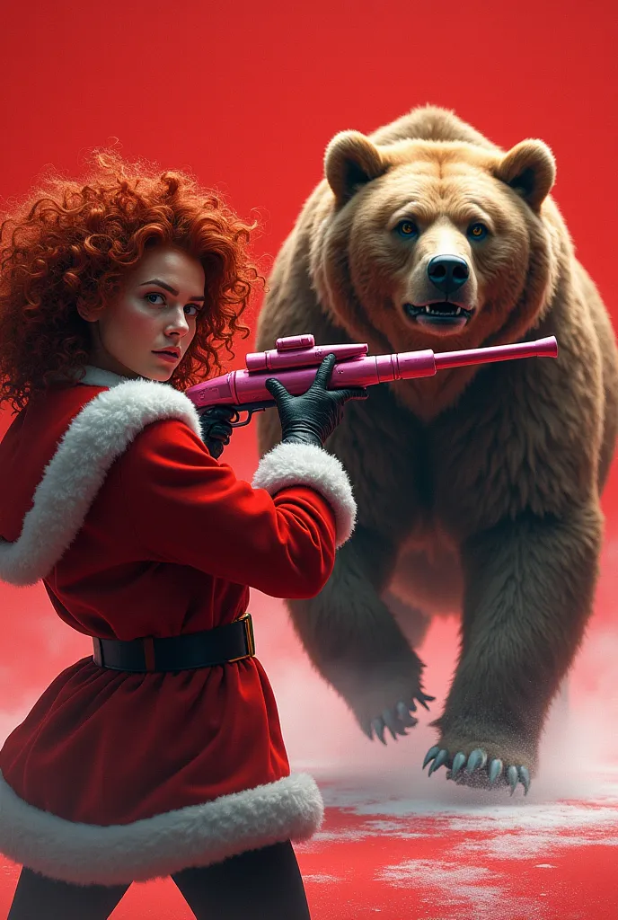 red background,a red curly-haired woman wearing a santa suit holding a frosty pink rpg gun is aiming at a big brown bear that is...